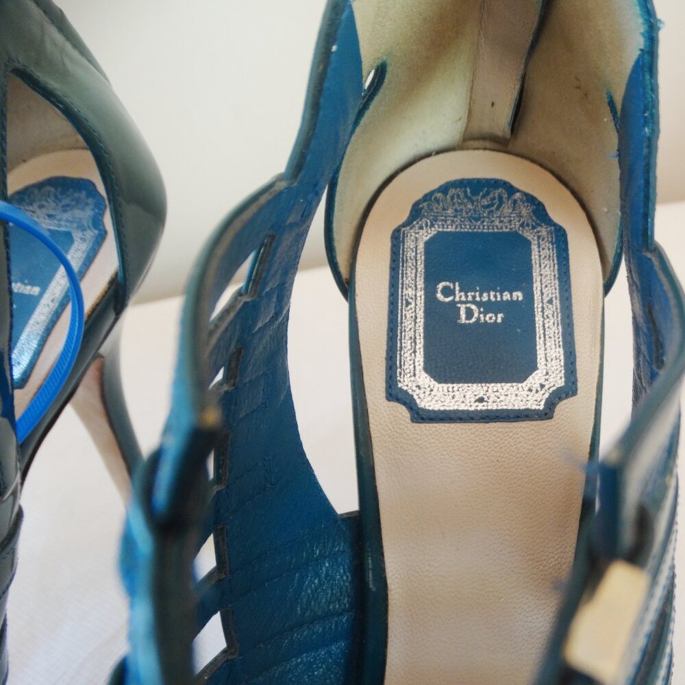 Christian DIOR 39/8.5 US, stiletto 4.5" heel ITALY cage Sandals Glossy Teal - Picture 4 of 13